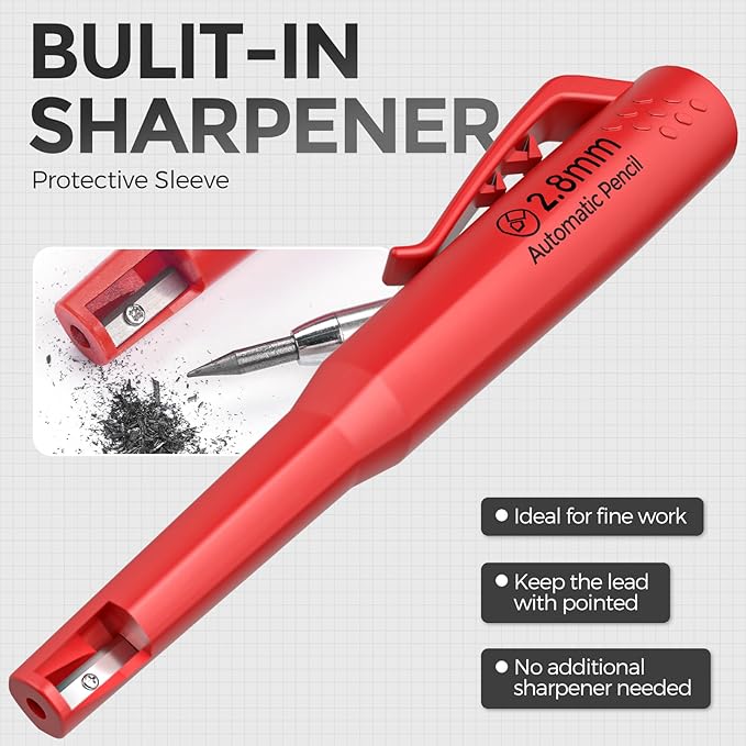 Nicpro 2 Pack Carpenter Pencils with Sharpener, CP3000 Mechanical Carpenter Pencils with 38 Refills, Heavy Duty Construction Pencil, Woodworking Tools for Architect Marking (Black, Red) - With Case