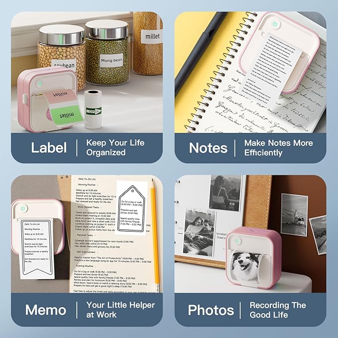 Label Maker Machine, HD Mini Sticker Printer with 7 Rolls Paper, Portable Thermal Print Pod Supports 12-57mm Papers, Bluetooth Pocket Printer for Home, Kitchen, School (Light Pink)
