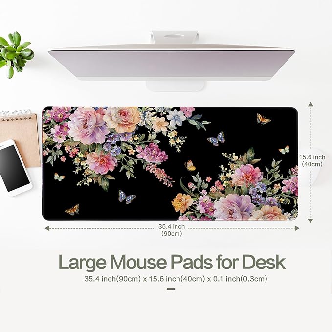 Desk Mat Mouse Pad Butterfly Flower, 35.4x15.7 in Pink Floral XXXL Extended Large Gaming Desk Pad Mousepad, Waterproof Black Computer Laptop Keyboard Mat for Women Girls Work, Game, Office, Home