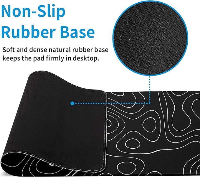Large Topographic Map Gaming Mouse Pad for Desk Black Desk Pad with Non-Slip Rubber Base Stitched Edge Desk Organizers and Accessories Desk Decor