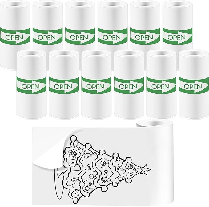 12 Rolls Mini Thermal Printer Sticker Paper, 57x25mm, High-Contrast Sticker Paper for Mini Pocket Printer, BPA-Free