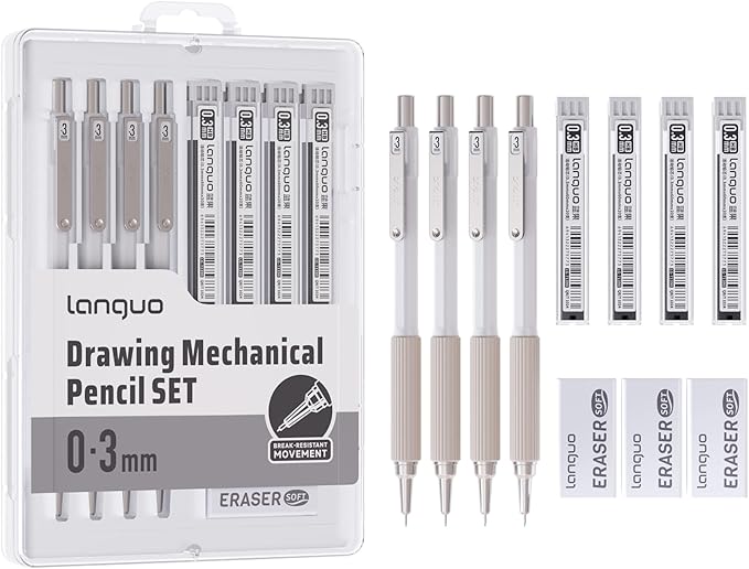 0.3mm Mechanical Pencil Set with Case, 4PCS Drafting Mechanical Pencils Kit – 4 Tubes HB Lead Refills, 3 Erasers, Ideal Pencil Set for Writing & Drawing