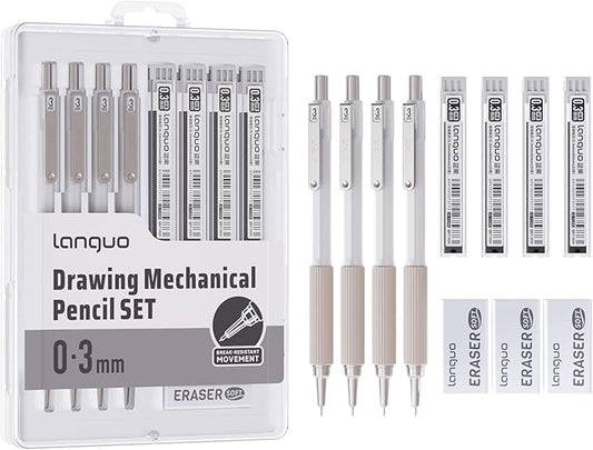 0.3mm Mechanical Pencil Set with Case, 4PCS Drafting Mechanical Pencils Kit – 4 Tubes HB Lead Refills, 3 Erasers, Ideal Pencil Set for Writing & Drawing