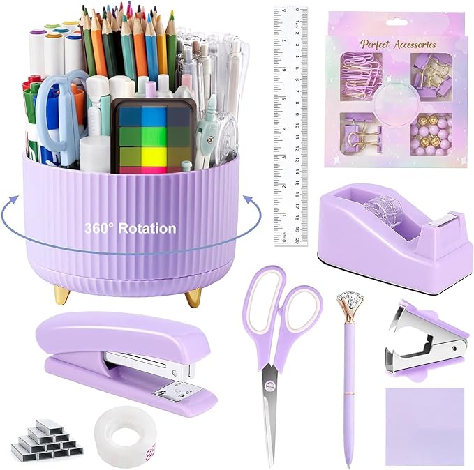 Office Supplies,Desk Accessories,with Stapler,Tape Dispenser,Staple Remover,Scissor,Ballpoint Pen,Sticky Notes,Clear Tape,Staples,Desk Organizer,Ruler,Binder,Best Gift Set(Purple)