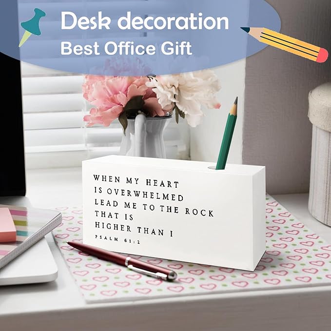 SNNDER Inspirational Christian Single Pen holder for Desk, Christian Religious Gifts for Women Men, Psalm 61:2 Bible Verses Fountain Pen Holder for Home Office Desk Accessories