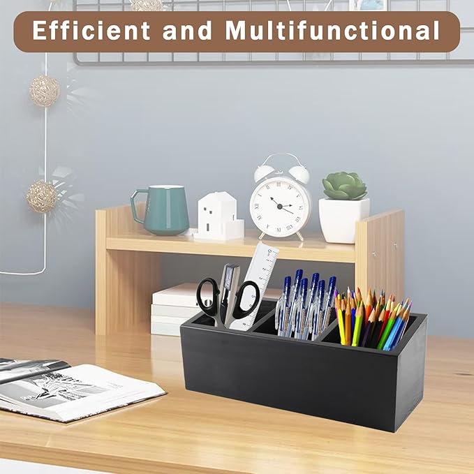 Wood Pen Holder,Office Desk Organizers and Accessories,Pencil Holder for Desk With 3 Compartments,Pencil Dispenser for Classroom,Makeup Storage,Black