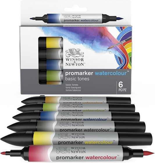 Winsor & Newton ProMarker Watercolor Marker Set, 6 Count, Basic Tones