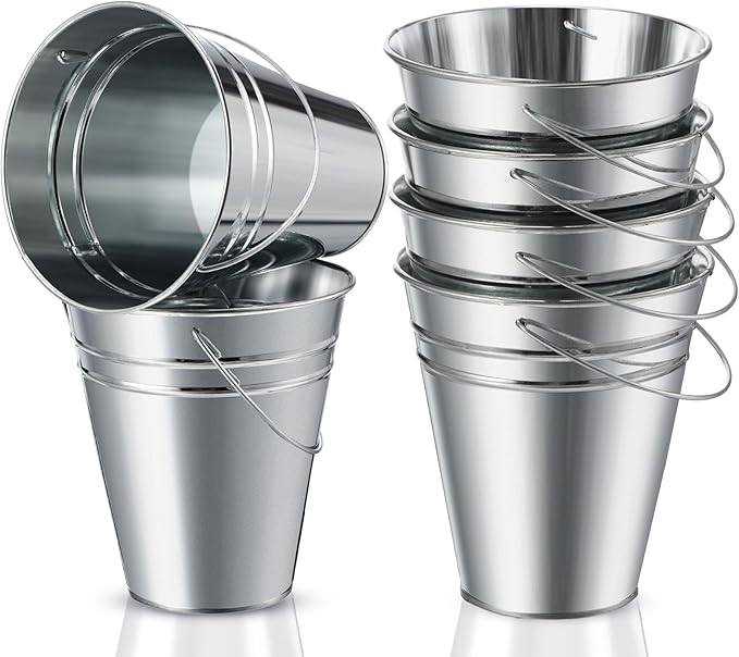 Sadnyy 6 Pack Galvanized Bucket, 5" Metal Bucket with Handles, Metal Buckets and Pails, Kids Party Supplies, Toy Container Table Centerpiece Decoration(Silver)