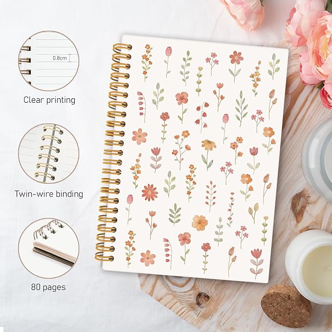 Boho Floral Spiral Notebook Journal, Cottagecore Wildflower Pretty Notebooks for Note Taking, Rustic Botanical Flower Journals for Women, Hardcover Notebook 5.5x8.3
