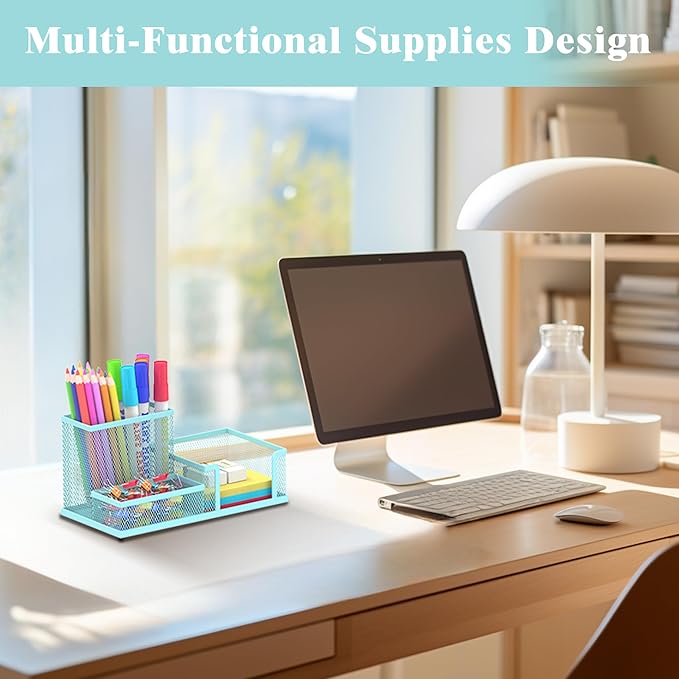SUPEASY Mesh Pen Holder Desk Organizer, Office Supplies Pencil Storage with 3 Compartments, Office Desk Accessories and Workspace Organizers for Home School, Blue
