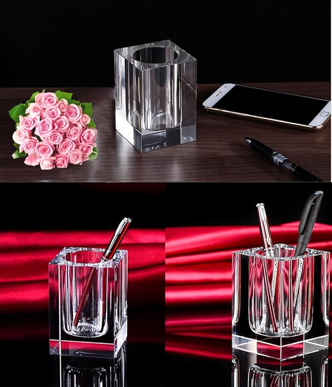 Coideal Glass Crystal Pen Pencil Cup Holder Square Clear Small Desk Table Organizer for Office School, Teacher and Student