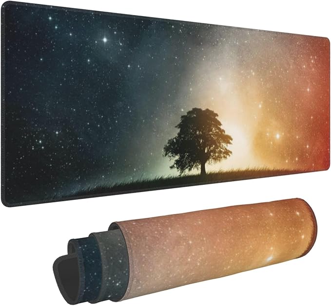 Starry Sky and Tree Large Mouse Pad, Vintage Aesthetic Gaming Desk Mat, XL Keyboard Desk Pad Mat for Desktop, 31.5"x11.8" Non-Slip Base Big Mousepad with Stitched Edges