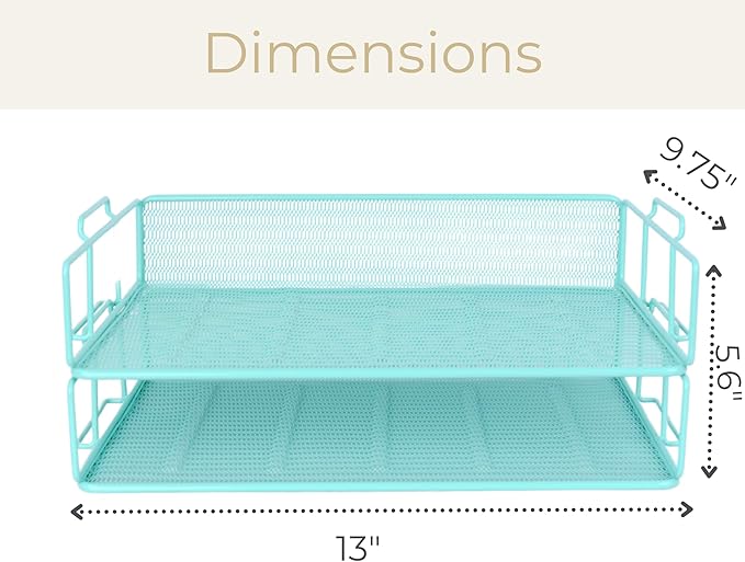 BLU MONACO Aqua Mesh Paper Tray – Set of 2 Stackable Letter Trays – Durable Metal Desk Organizer for Home, Office & School – Stylish Document Holder, File Storage, and Workspace Organizer