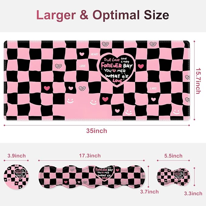 Desk Mat Gaming Mouse Pad, Cute Desk Matt Keyboard Wrist Rest for Desktop, Anti-Slip Big Mousepad Stitched Edges, XXL Large Mouse Pad with Wrist Support for Home Office I Pink Black True Love