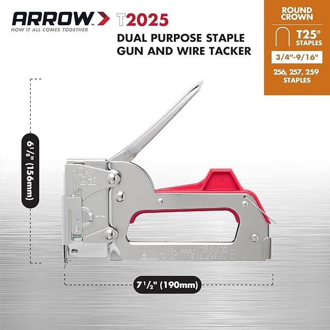Arrow T2025 2-In-1 Staple Gun and Wire Tacker for Upholstery, Crafts and Low Voltage Wiring, Fits 3/8”, 7/16", or 9/16” Round Crown, or 5/16”, 3/8”, or 1/2" Flat Crown Staples