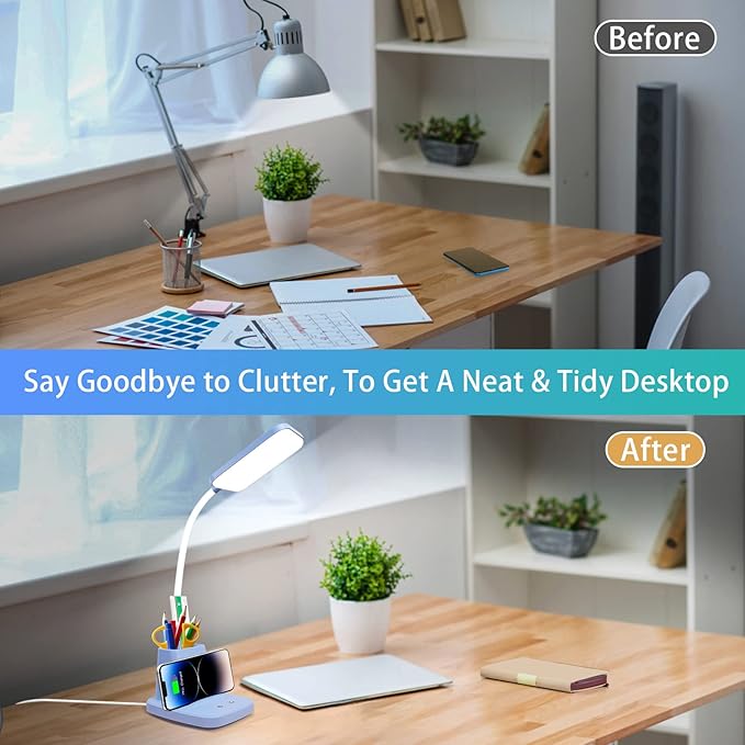 Sailstar Small Desk Lamp, Blue Desk Lamp with Pen Holder, Wireless Charger LED Desk Lamps for Home Office, 800LM Gooseneck 3 Modes Dimmable Touch Cute Desk Lamps, Study Lamps for College Dorm Room