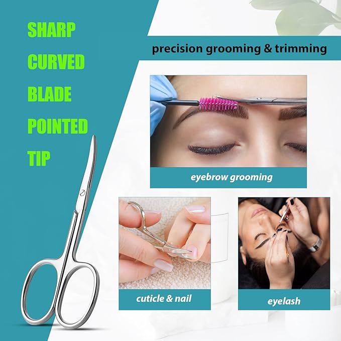 Facial Hair Small Grooming Scissors For Men Women - Eyebrow, Nose Hair, Mustache, Beard, Eyelashes, Ear Trimming Kit - Curved and Rounded Safety Tip Clippers For Hair Cutting 2PCS With Cover Sliver