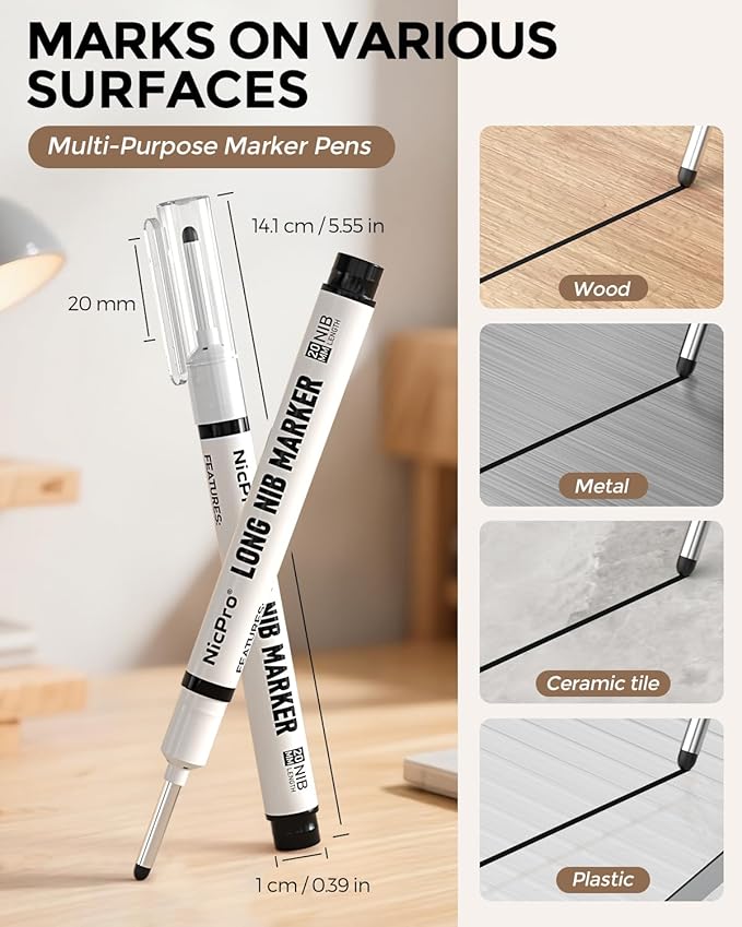 Nicpro 72 PCS Long Nib Marker Pens, 20mm Black Deep Hole Markers Bulk, Quick Dry & Waterproof Construction Marker, Long Head Mark Pens for Metal Steel Tile Glass Carpenter Marking Tool for Woodworking