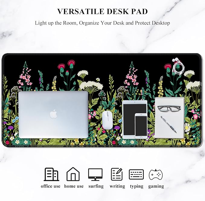 Auhoahsil Large Mouse Pad, XXL Gaming Mousepad, Desk Mat for Desktop, Thick Rubber, Big & Long Size, Stitched Edges, Full Desk Pad for Laptop & Computer, Extended 35.4 x 15.7 in, Midnight Flowers