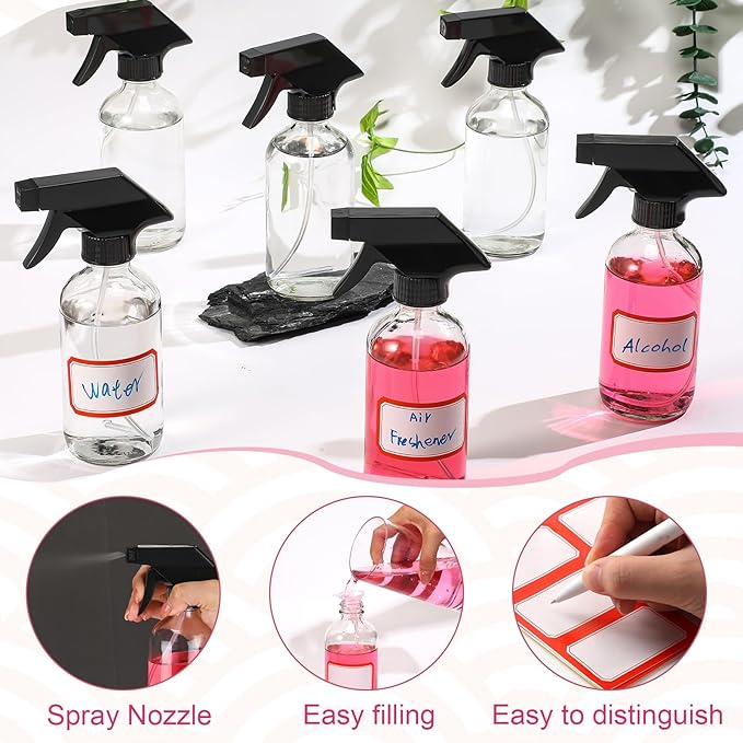 Norme 24 Pcs Glass Spray Bottles with Funnels and Labels 8 oz Refillable Cosmetic Empty Spray Containers with Trigger Squirt Containers for Essential Oil Cleaning Solutions(Clear)