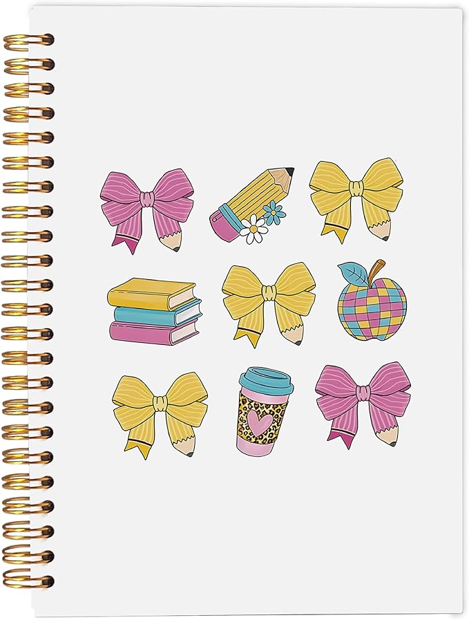 Pink and Yellow Bow Coquette Notebook Journal, Teacher Notebook, Preppy Notebook Journal for Note Taking Work, Preppy Teacher Gifts for Women, Spiral Notebook 5.5x8.3 Inch