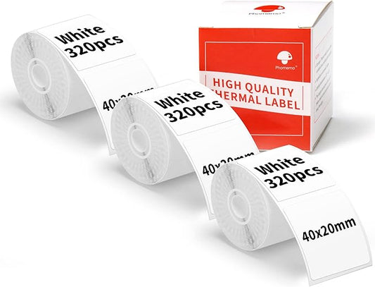 3-Roll Phomemo M110 Original Labels 1.57"x 0.75"(40x20mm),Black on White, Compatible with Phomemo M110/M120/M200/M220/M221 Label Printer, Multi-Purpose Self-Adhesive Thermal Label,320PCS/Roll