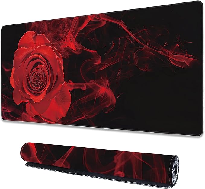Large Extended Mouse Pad Red Smoke Rose Desk Mat,Large Gaming Mouse Pad,Big Desk Pad with Thick Stitched Edges Suit for Home Office or Gaming 35.4x15.7 Inch