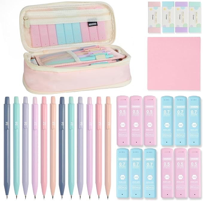 Mechanical Pencil Set with Cute Pencil Case, 12x Pastel Mechanical Pencils 0.5 & 0.7mm with 720x HB Leads, 4x Erasers and 1x Sticky Note, Suitable for Writing, Drafting Drawing Sketching(pink)