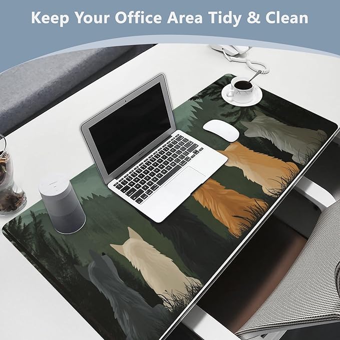 Mouse Pad Desk Mat Leather Desk Pad Large Gaming Desk Cover Protector Mat for Keyboard Computer Laptop Office Waterproof 47.2 x 23.6 Inch Cute Wolves Back and Green Mountain
