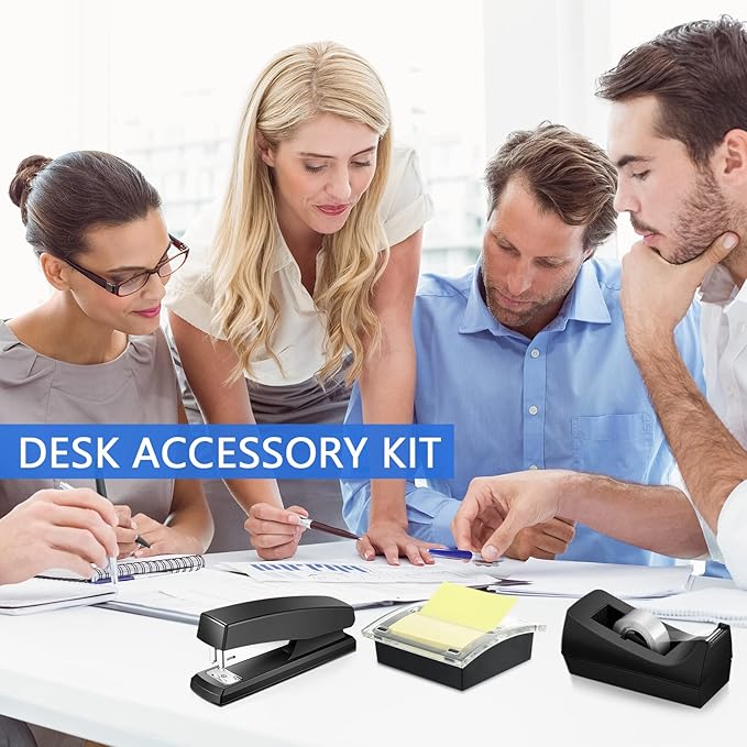 Queekay Office Stapler Set Desk Accessory Kit 16 Pieces Desk Staplers Tape Dispenser Sets Pop up Notes Pop up Sticky Notes Desktop Tape Dispenser 2000 Pcs 24/6 Staples