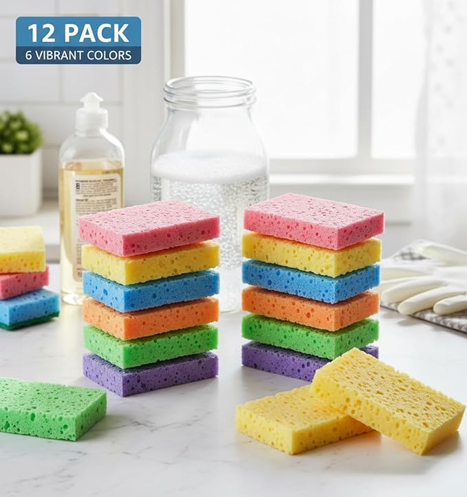 Chuangdi 12 Pcs Sponges Kitchen Bulk Non Scratch Cellulose Sponges Kitchen Assorted Colors for Washing Dishes, 4.7 x 3 Inch(2 cm in Thickness)