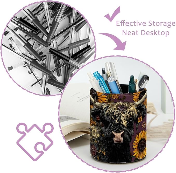 1 Pack Watercolor Sunflower Yak Circular Pen & Pencil Holder - Durable PU Leather Pencil Cup, Desk Accessories Organizer for Office Desk School Home