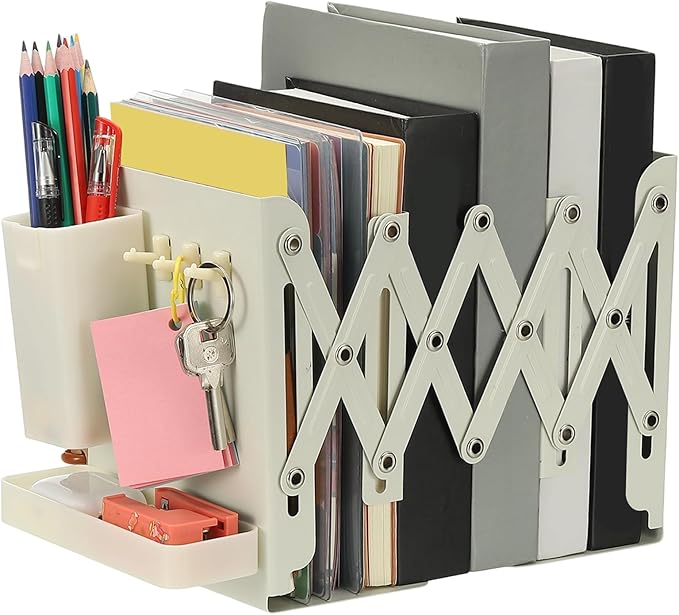 PATIKIL Adjustable Book Ends, 7.5" Tall Heavy Duty Metal Adjustable Bookends Book Holders Organizer with Removable Pen Holder Tray and 3 Hook-up for Heavy Books Desk Office Home, White