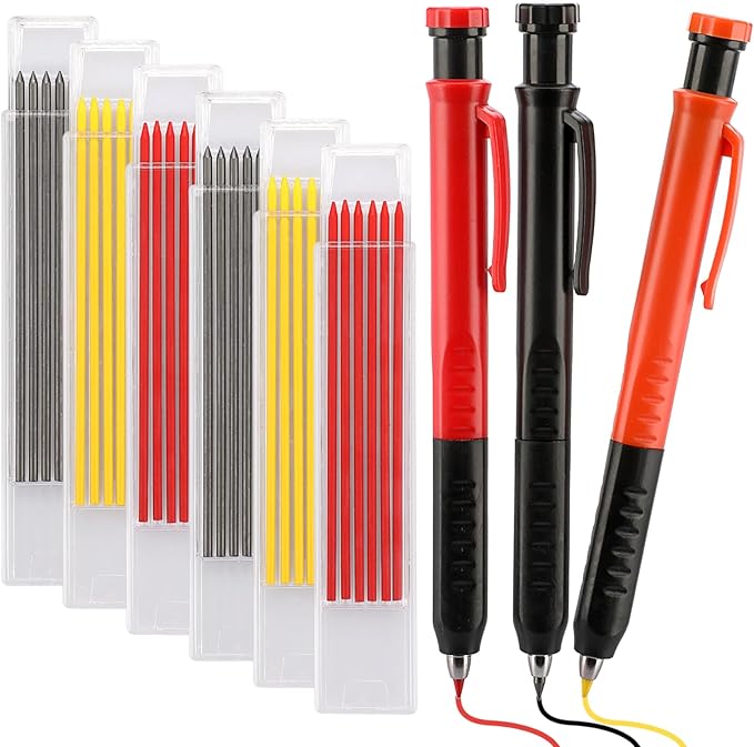 OwnMy Mechanical Carpenter Pencil Set - 3 Carpenter Pencils with 36PCS 2.8mm Refills & Built-in Sharpener, Heavy Duty Construction Pencils Deep Hole Marking Pencil for Woodworking