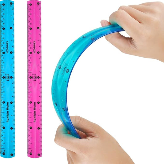 Grevosea 2 PCS Flexible Ruler Bendable Unbreakable Safe Soft Transparent Clear Shatterproof Clear Rulers Straight Flat Plastic Ruler for Home School Classroom Office Kids Adults (Purple, Blue)