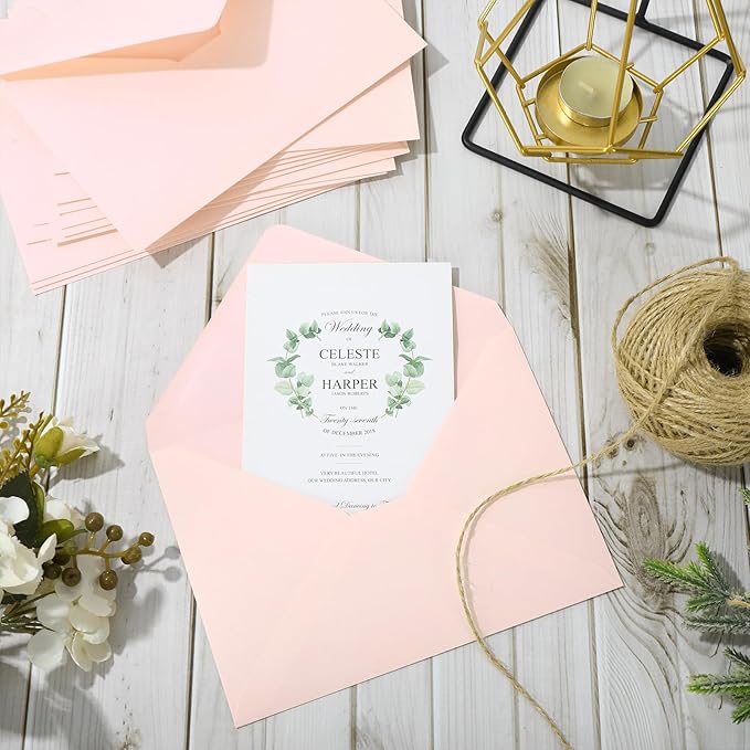 Whaline 50Pcs A7 Invitation Envelopes Set Blush Pink Greeting Card Envelopes V-Flap Envelopes Gift Card Sleeves for Mailing Envelopes Sending Card, 7.3x5.3 Inch