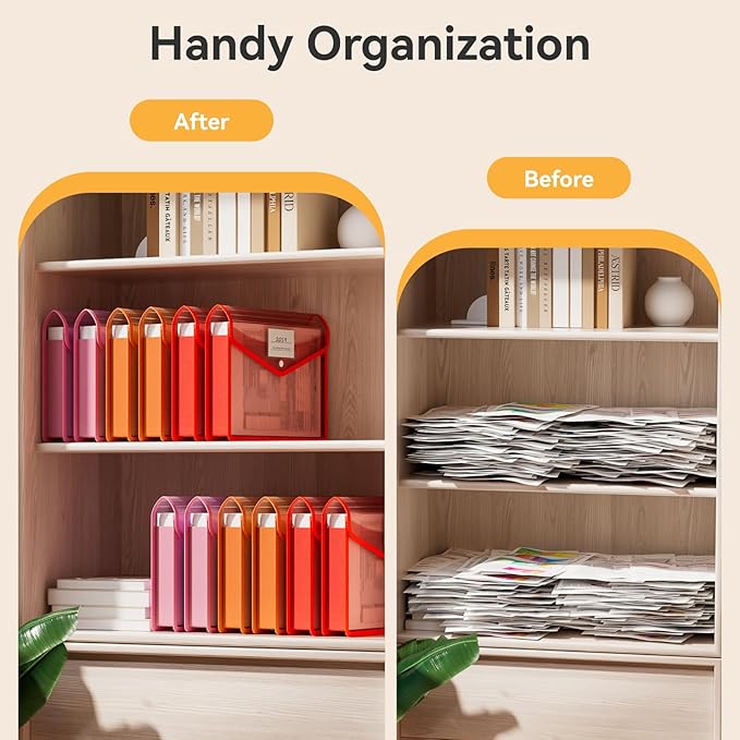 ABC life 6 Pack Plastic Expanding File Folder, Folders for Documents with Snap Closure, Colorful File Folder Organizer Holder, Transparent, Large Capacity, Fit Letter/A4 Size - Warm Pink