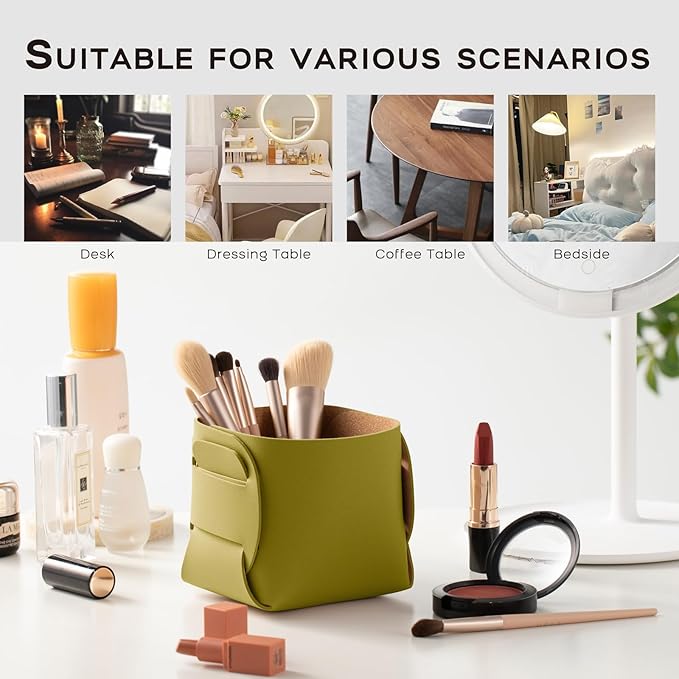 HOMIEAZICOZI 2-Pack Cork Leather Desk Accessories Storage - Pencil Pen Holder - Makeup Brush Holder Organizer - Stylish Addition to Home Decor (Olive Green)