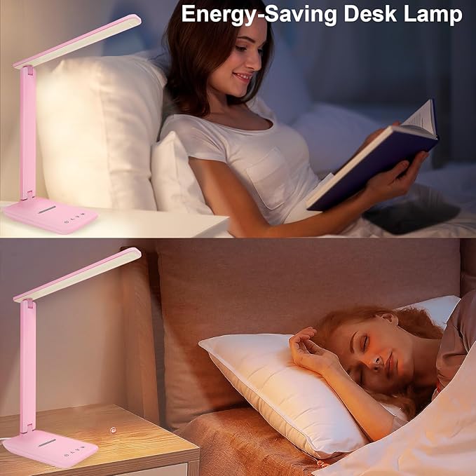White crown LED Desk Lamp Dimmable Table Lamp Reading Lamp with USB Charging Port, 5 Lighting Modes, Sensitive Control, 30/60 Minutes Timer (Pink, First-Generation)