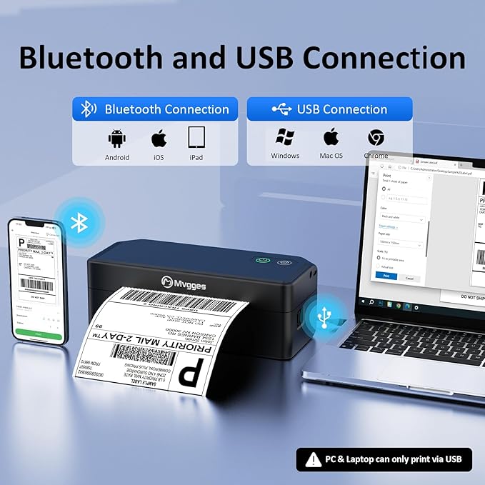 Mvgges Shipping Label Printer,Bluetooth 4x6 Thermal Label Printer for Small Business Office or Home, Compatible with Android, iOS, Windows and Mac, Widely Used for Amazon,Ebay,USPS,Etsy