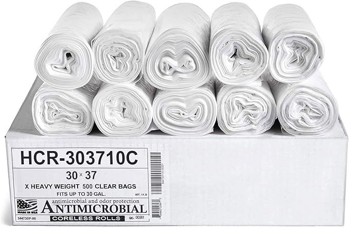 Aluf Plastics High Density Trash Bags, 30 Gallon, 500 Count, 10 Micron (eq), 30" x 37", Clear, for Bathroom, Office, Industrial, Commercial, Janitorial, Municipal, Recycling