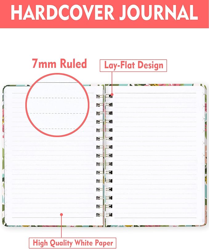 Spiral Journal Notebook for Women, Hardcover A5 College Ruled Notebook, 120 Pages, Thick Paper, Cute Lined Journal for School, Office & Work, 6 x 8.4 in(Meadow Wildflowers)
