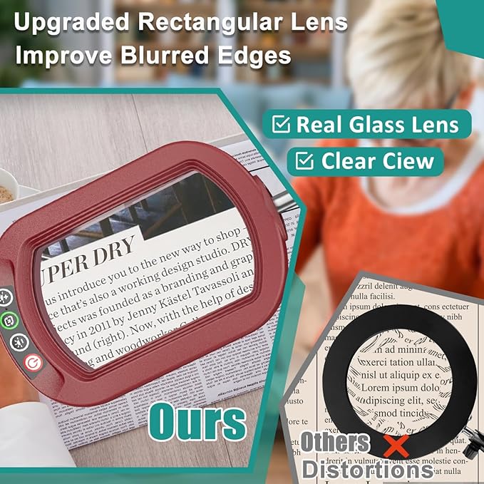 10X Rectangle Magnifying Glass with Light, 5 Color Modes Stepless Dimmable Magnifier with Stand, LED Lighted Clamp Desk Lamp with Swing Arm, Hands Free for Reading Painting Close Work - Red