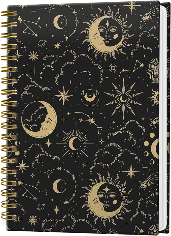 Spiral Notebook Journal for Women Men, A5 Hardcover Journal, 120 Pages Thick Paper, College Ruled Writing Notebook for School, Work & Office 8.3'' × 5.9''(Star Sun Moon)