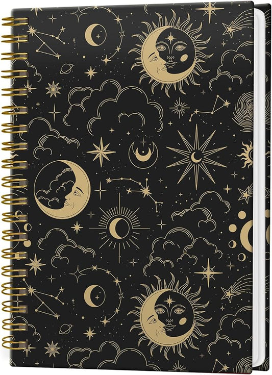 Spiral Notebook Journal for Women Men, A5 Hardcover Journal, 120 Pages Thick Paper, College Ruled Writing Notebook for School, Work & Office 8.3'' × 5.9''(Star Sun Moon)