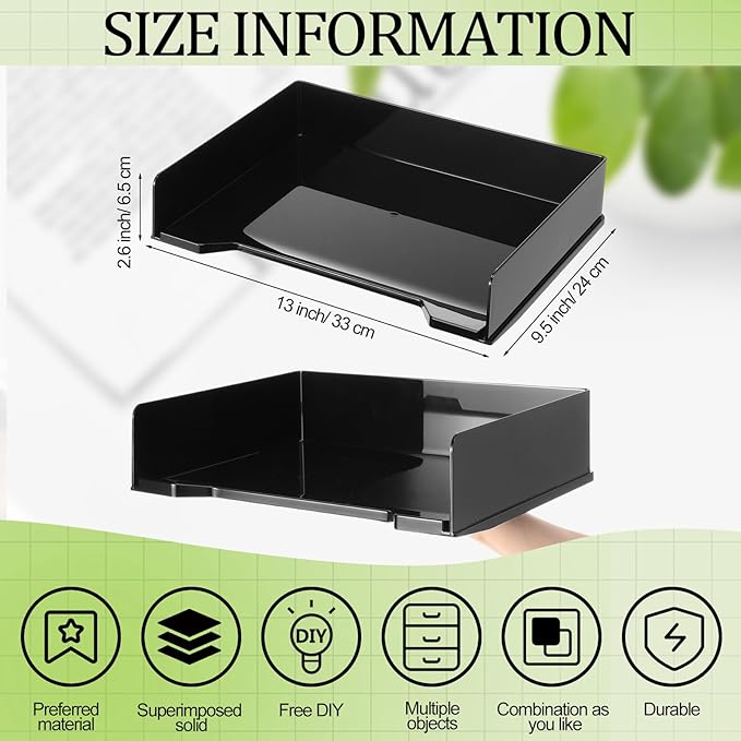 2 Pcs Stackable Letter Tray Rectangular Plastic Desk Organizer 13 x 9.5 x 2.6 in Paper Holder File Tray Accessories Rack for Desktop Office Desk Drawers (Black)