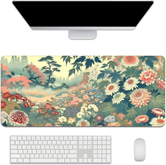 Floral Mous Pad Desk Mat,Large Aesthetic Mouse Pad Desk Pad Desktop Mat,Desk Mat for Keyboard and Mouse,Big Mousepad with Stitched Edges Non-Slip Rubber Base for Computer Office Home
