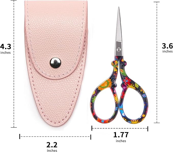 3.6 inch Small Sewing Scissors, Mini Scissors in a Pouch, All Purpose with Leather Sheath Cover, Black Flower