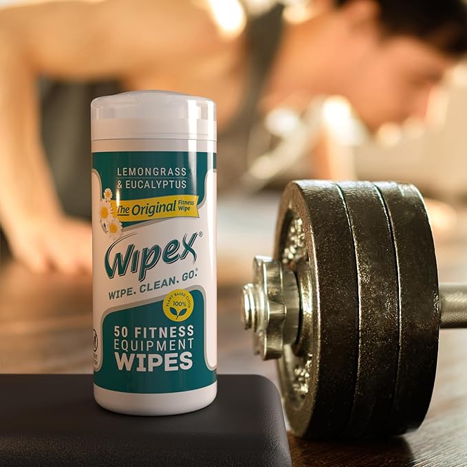 Wipex Original Fitness Equipment Wipes - Plant Based Gym Wipes for Equipment, Yoga Mat Cleaner, Peloton Cleaner, Exercise Machines, Natural w/Lemongrass, Eucalyptus & Vinegar, 50 Count (Pack of 12)