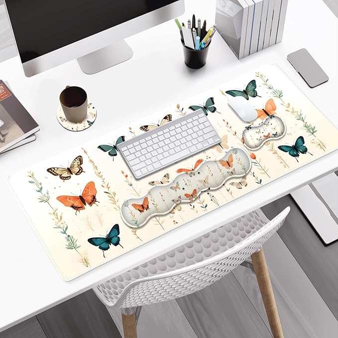 Desk Mat Gaming Mouse Pad, Cute Desk Matt Keyboard Wrist Rest for Desktop, Anti-Slip Mousepad with Stitched Edges, XXL Large Mouse Pad with Wrist Support for Desk Computer I Beige Buttefly